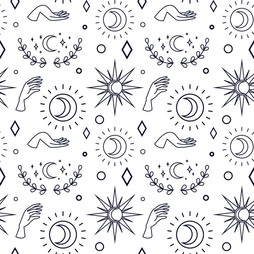 Vector magic seamless pattern with sun, moon, branch and stars.