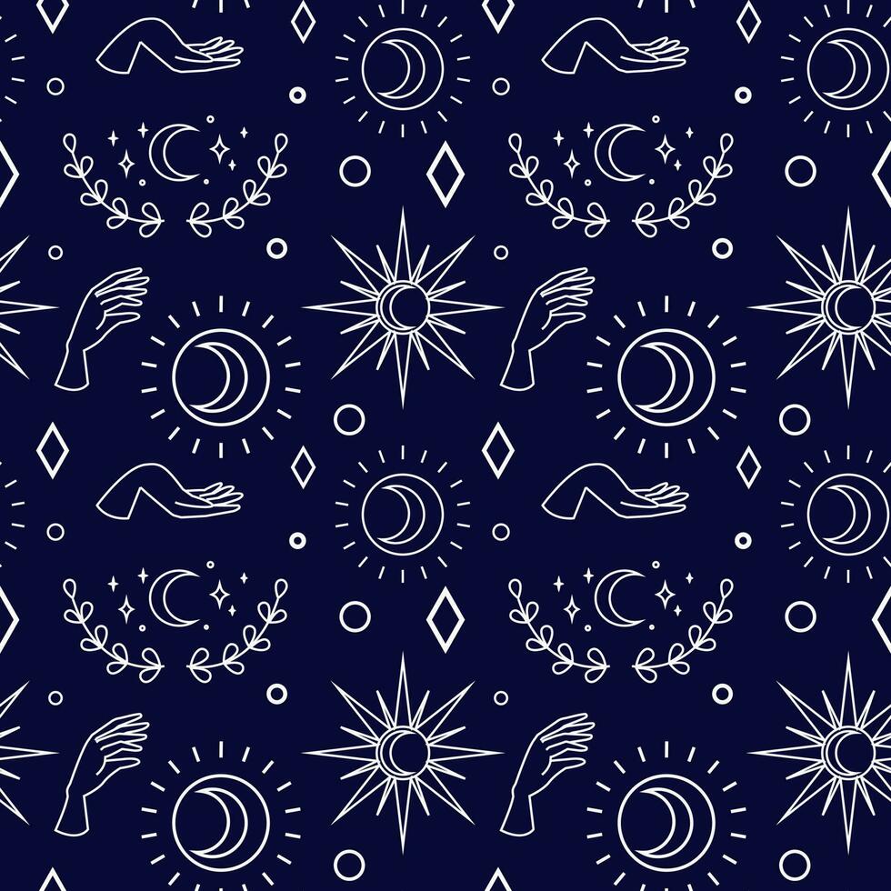 Vector magic seamless pattern with sun, moon, branch and stars on dark blue background.