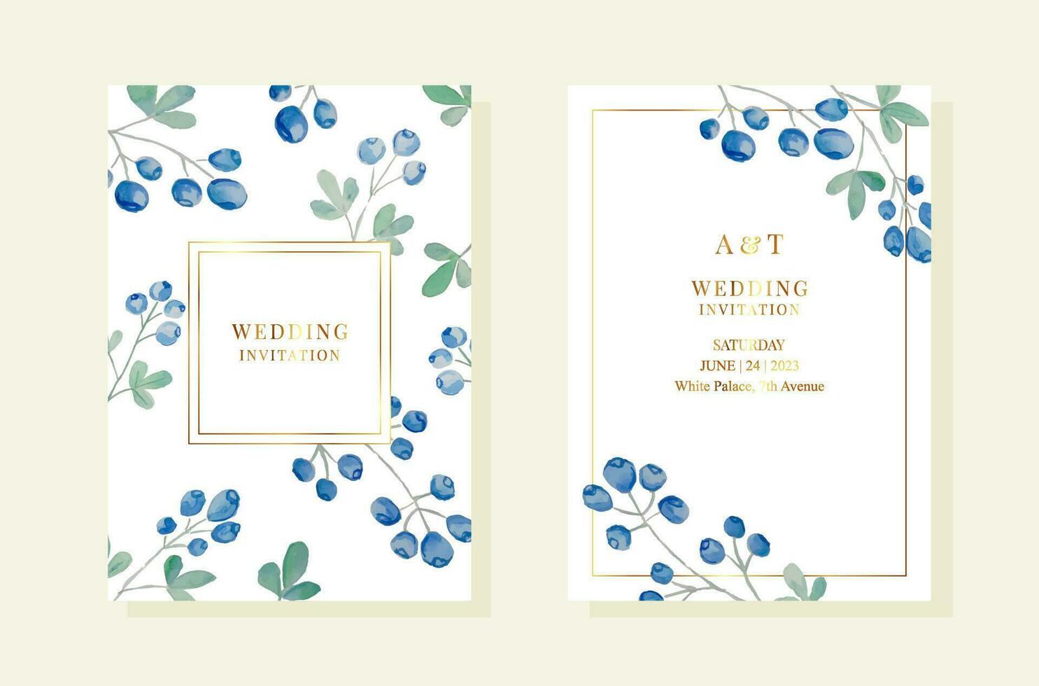 Wedding pemplates with watercolor blueberries and leaves. Gold frames vector