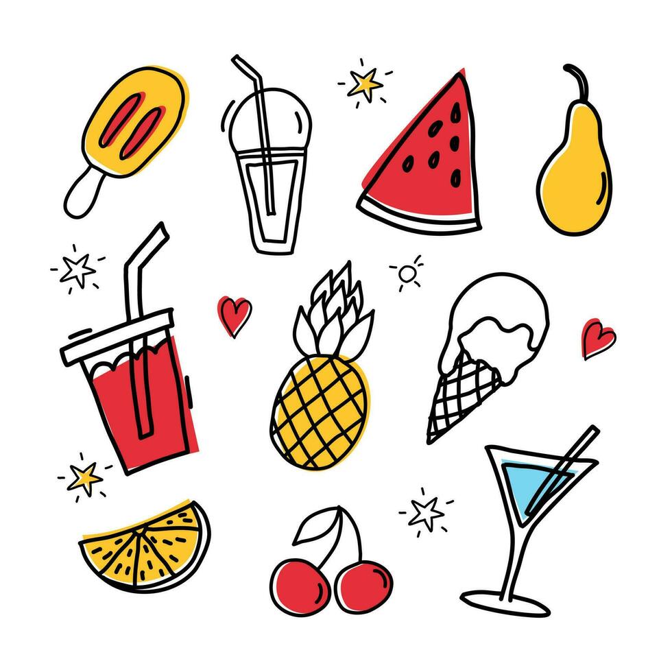 Set of cute food and drink summer icons. Ice cream, drink, watermelon, pear, pineapple, orange, cherry and martini vector