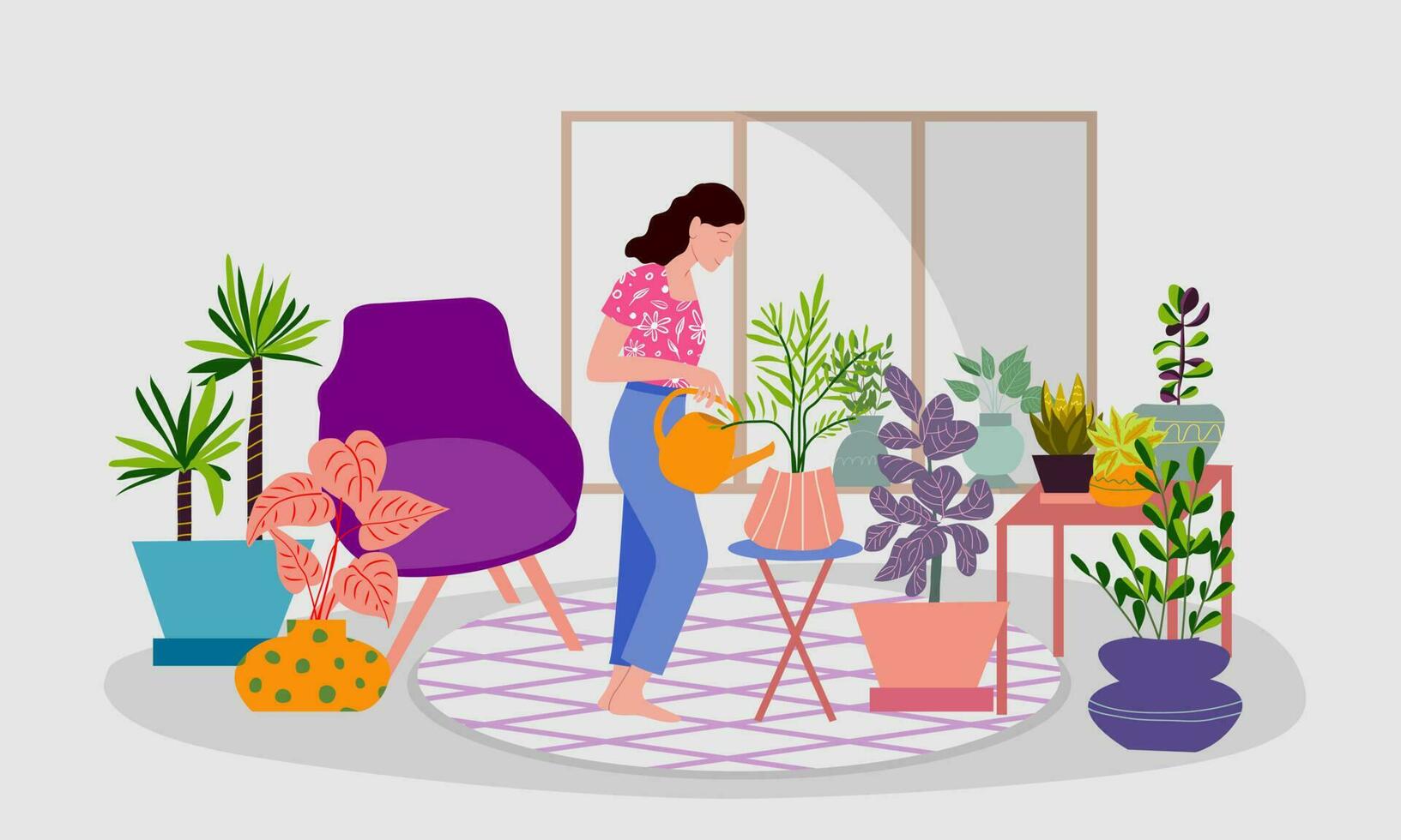 Young woman in comfortable clothes holding watering can and watering home plants in the room. Home gardening, flowers in pots vector