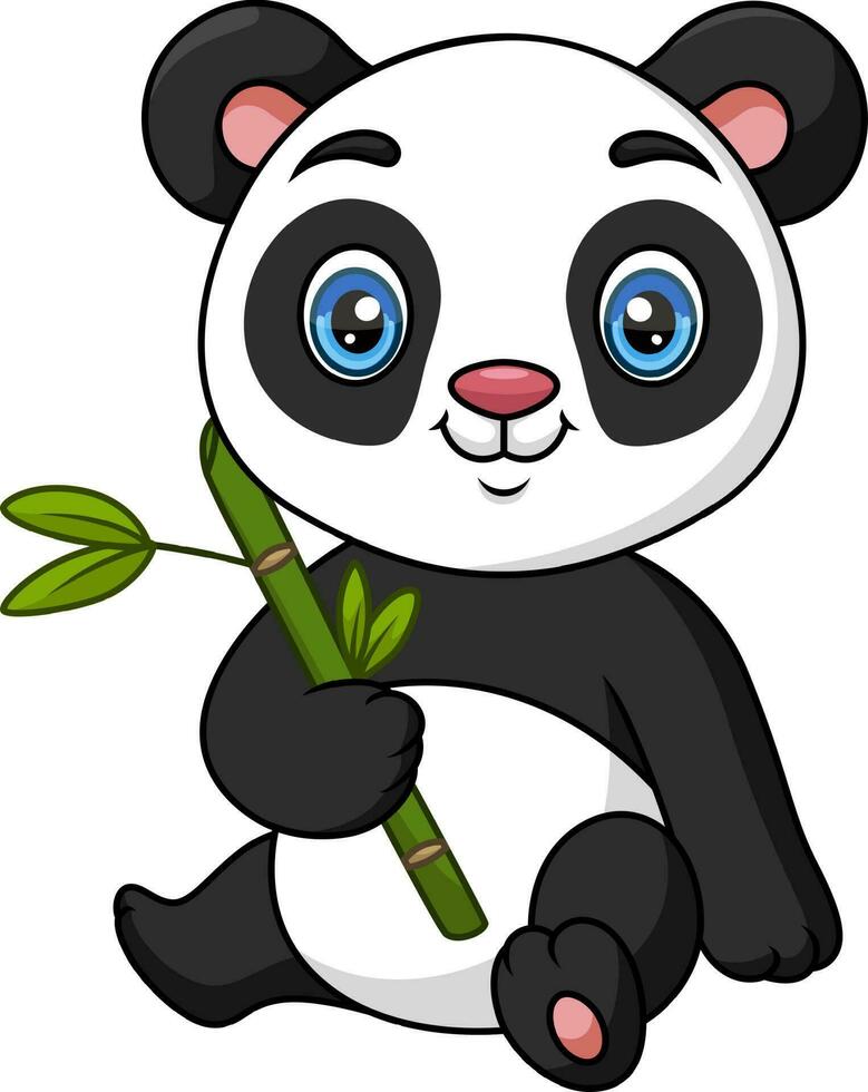 Cute baby cartoon panda holding bamboo leaves vector