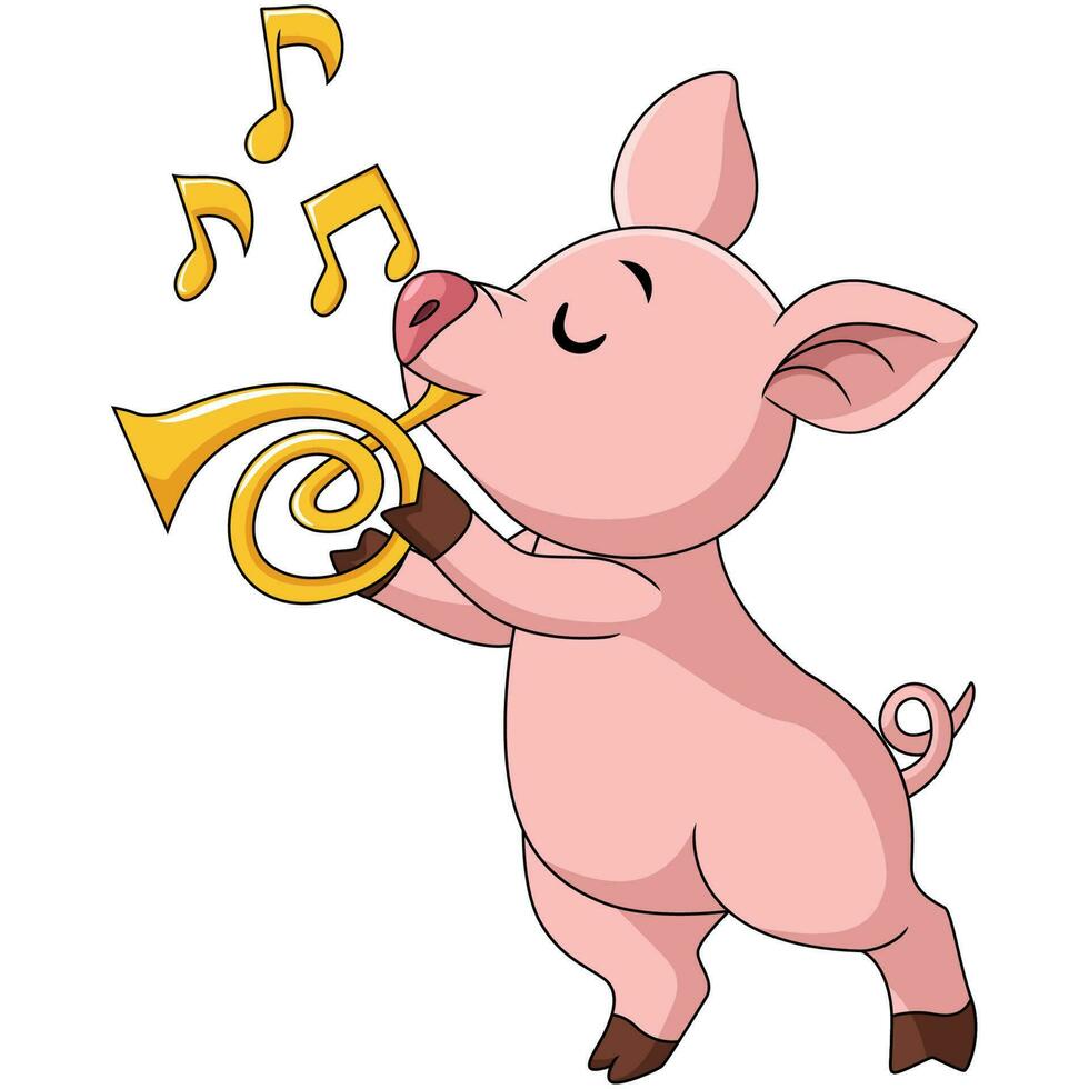 Cute little pig cartoon playing golden trumpet vector