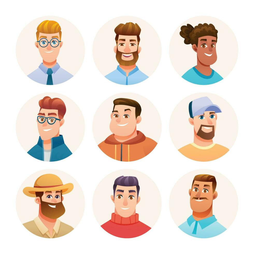 Collection of man avatar characters. Male avatars in cartoon style vector