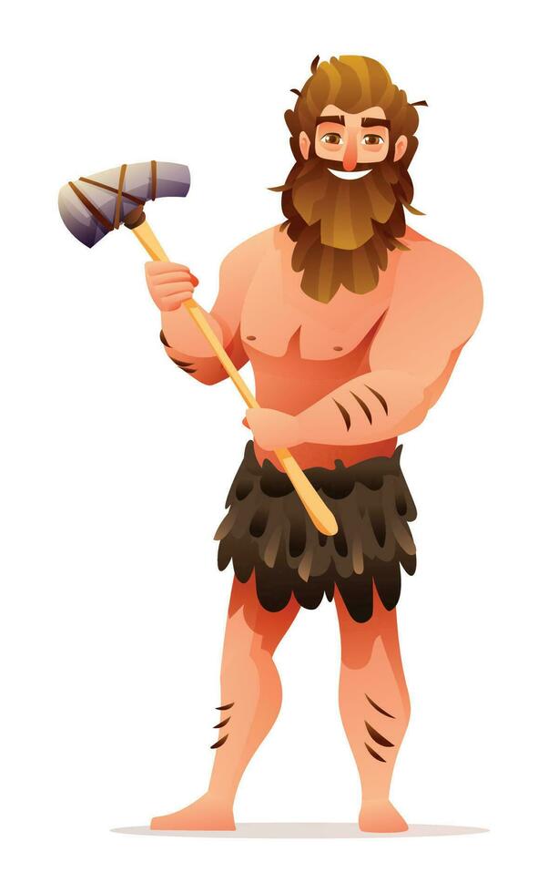 primitivo hombre personaje. prehistórico Roca años cavernícola participación un arma dibujos animados ilustración vector