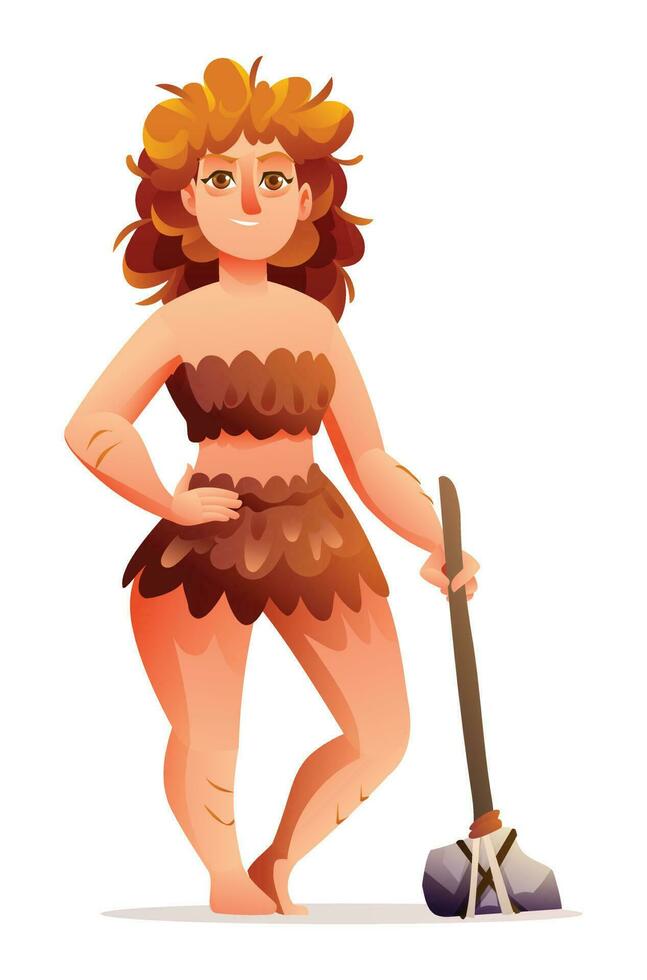 Primitive woman character. Prehistoric stone age cave woman vector illustration