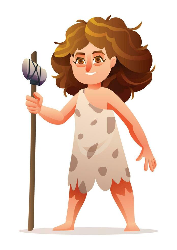 primitivo niña personaje. prehistórico Roca años cueva niña dibujos animados ilustración vector