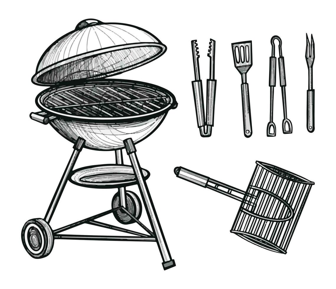 Set of charcoal barbecue grill, tongs, spatula, fork, knife. BBQ tools hand drawn sketch illustration vector