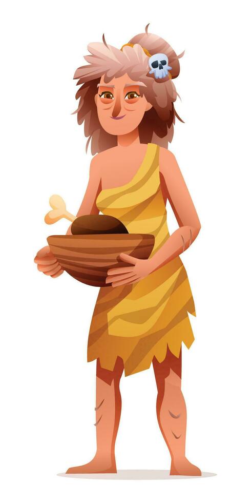 Primitive woman character. Prehistoric stone age cave woman cartoon illustration vector