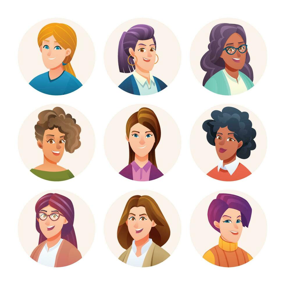 Collection of woman avatar characters. Female avatars in cartoon style vector