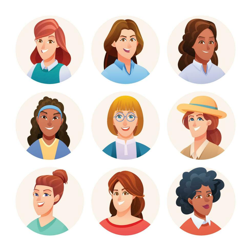 Set of woman avatar characters. Female avatars in cartoon style vector