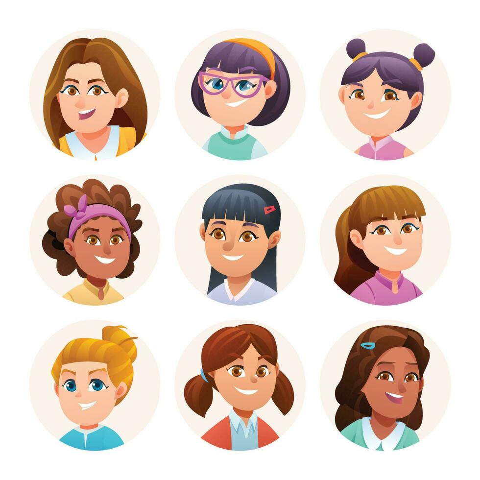Cute girl avatar characters collection. Girl avatars in cartoon style vector