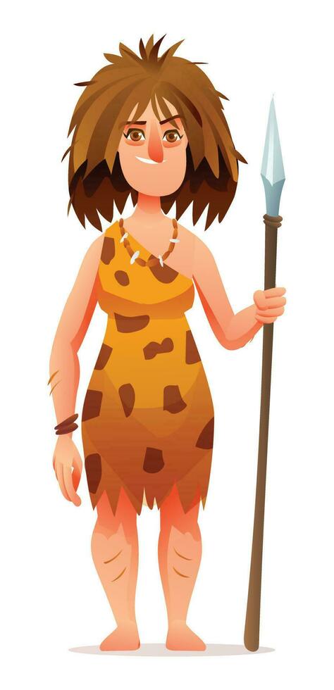 Primitive woman character. Prehistoric stone age cave woman holding a weapon cartoon illustration vector