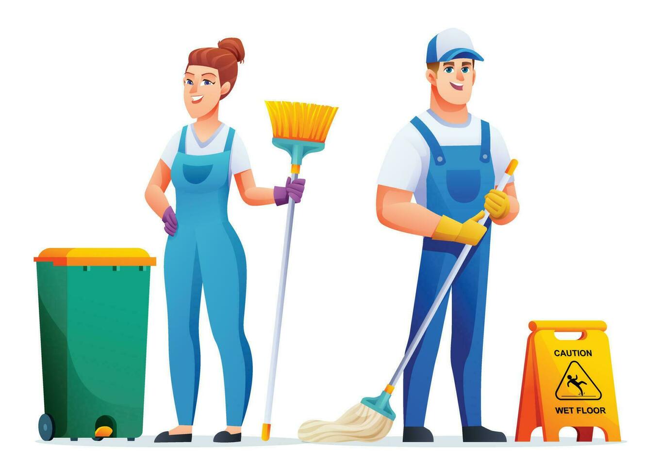 conjunto de limpieza Servicio hombre y mujer caracteres. profesional limpieza personal dibujos animados caracteres vector