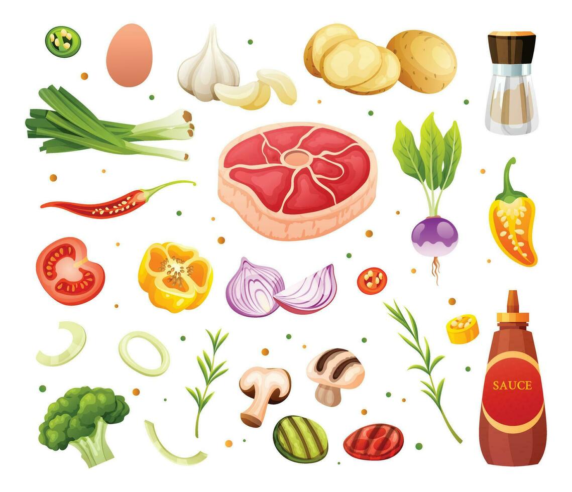 conjunto de carne, vegetales y hierbas ilustración. sano comida ingredientes vector dibujos animados