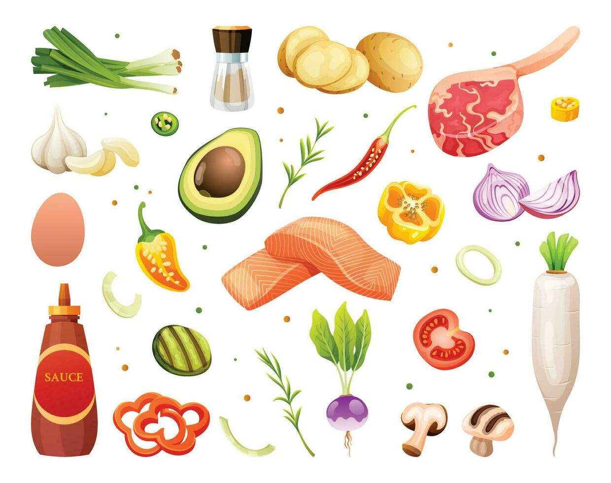 conjunto de Fresco carnes, vegetales y hierbas ilustración. sano comida ingredientes vector dibujos animados