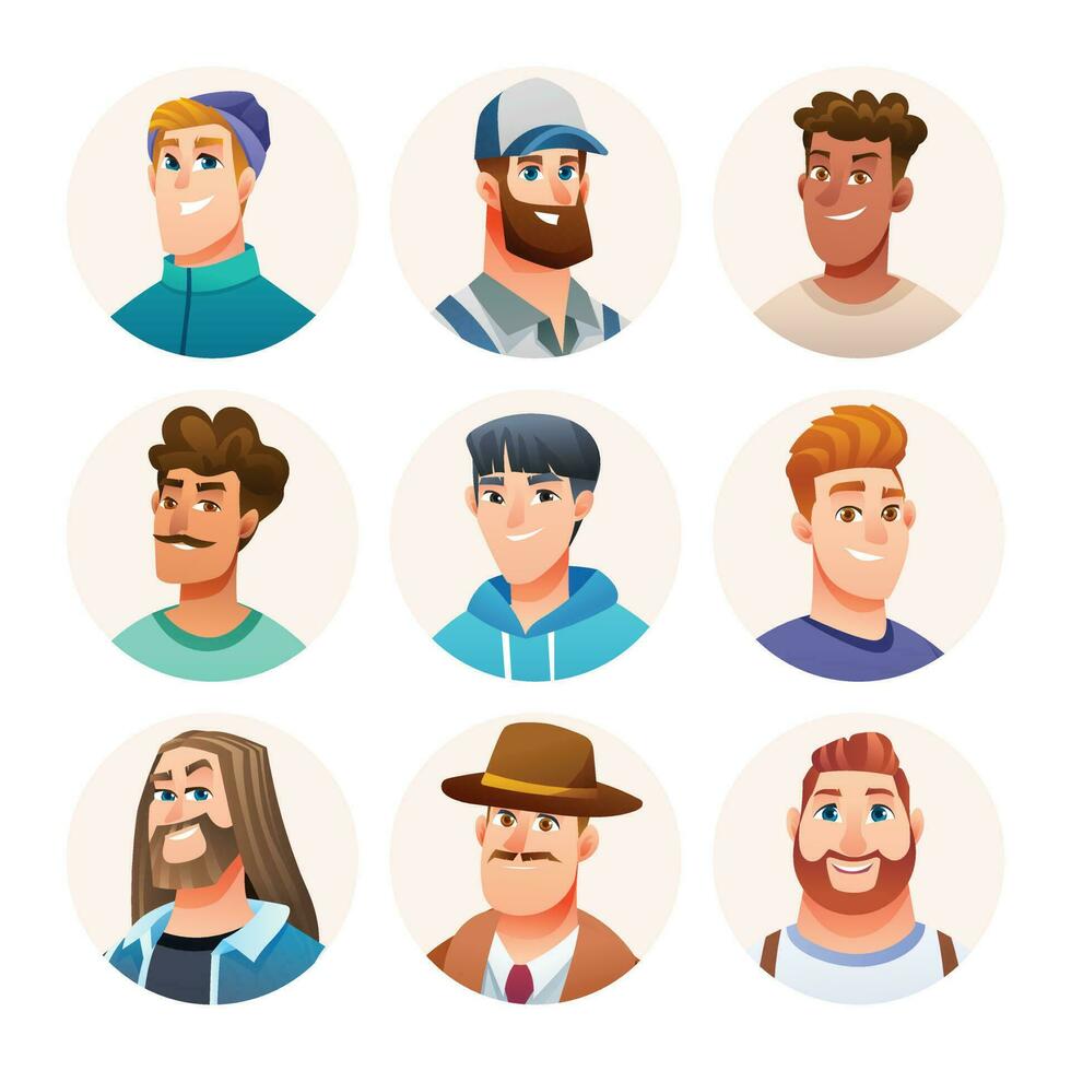 Set of man avatar characters. Male avatars in cartoon style vector
