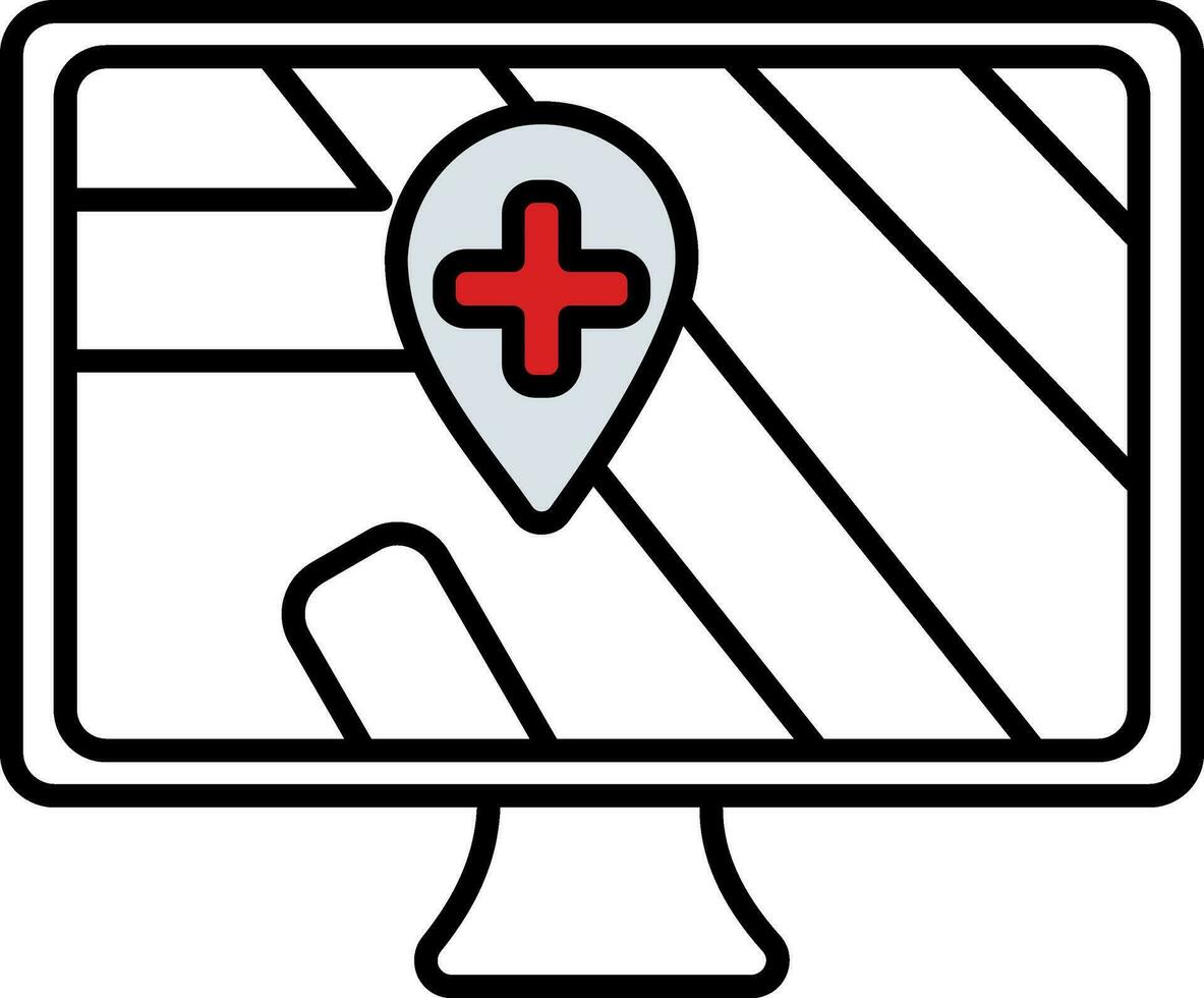 Medical Street Location Point on Map in Monitor Screen line icon. vector