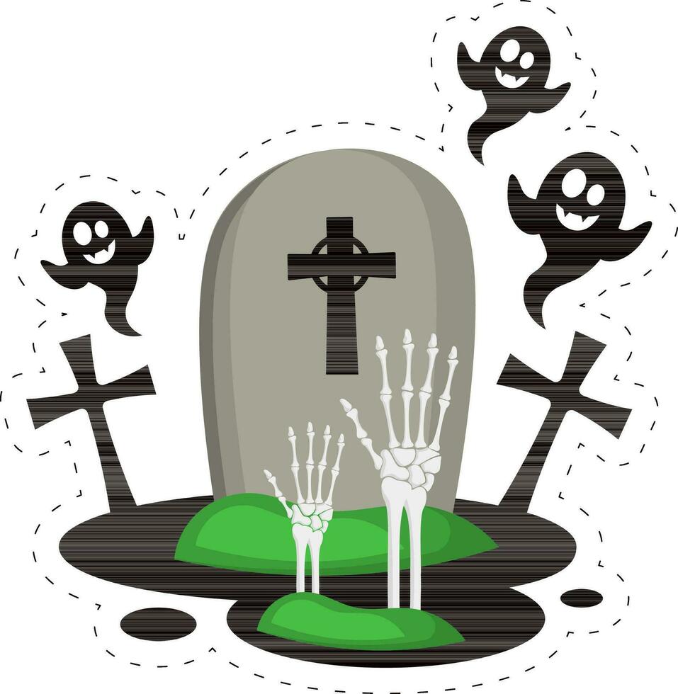 contento Víspera de Todos los Santos concepto con fantasma volar, esqueleto mano en cementerio ligero púrpura antecedentes. vector