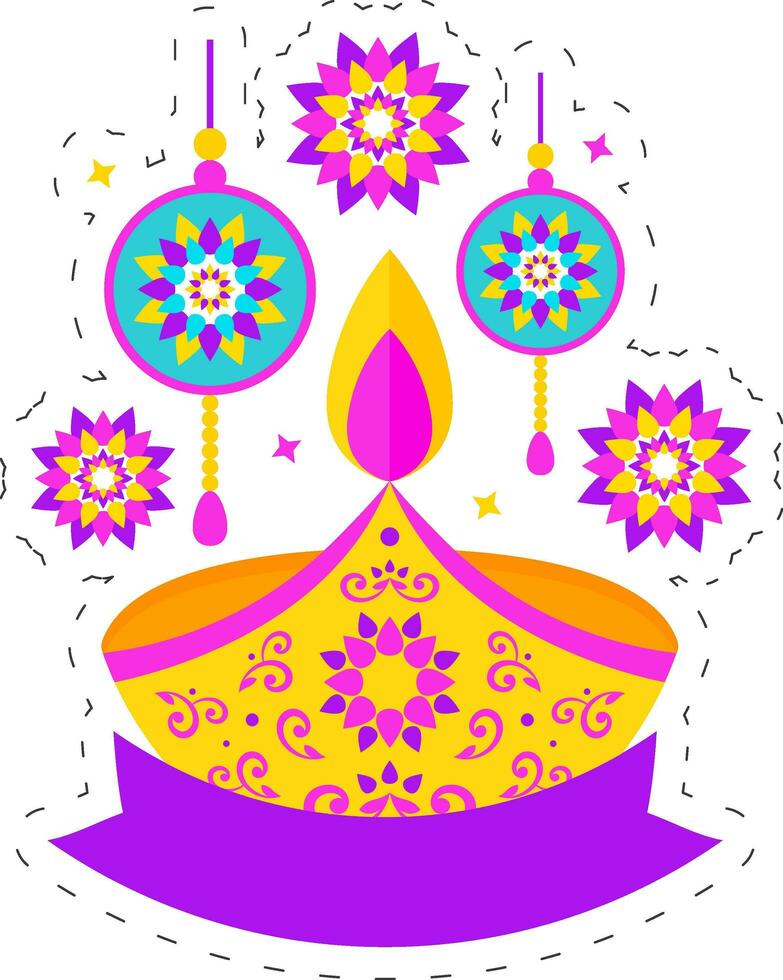 contento diwali concepto con iluminado petróleo lámpara diya y mandala ornamento en blanco antecedentes. vector