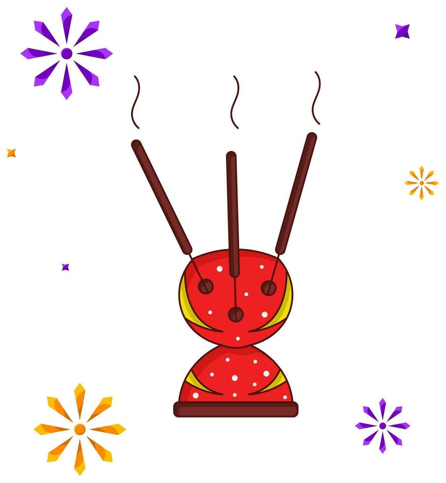 Burning Incense Sticks Stand Over Stars White Background In Sticker Style. vector