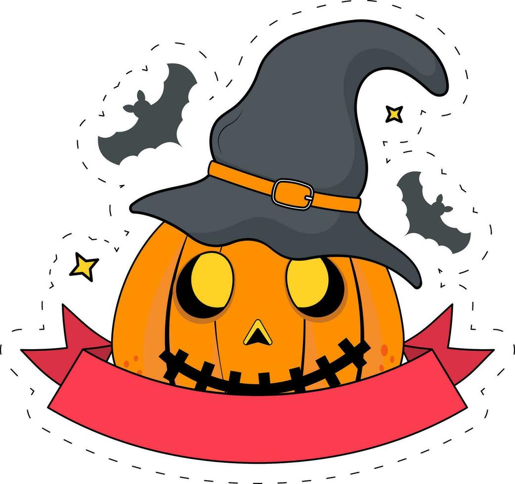 Happy Halloween Concept With Creepy Cartoon Pumpkin Wearing Hat With Flying Bats Animal Over Light Purple Background. vector