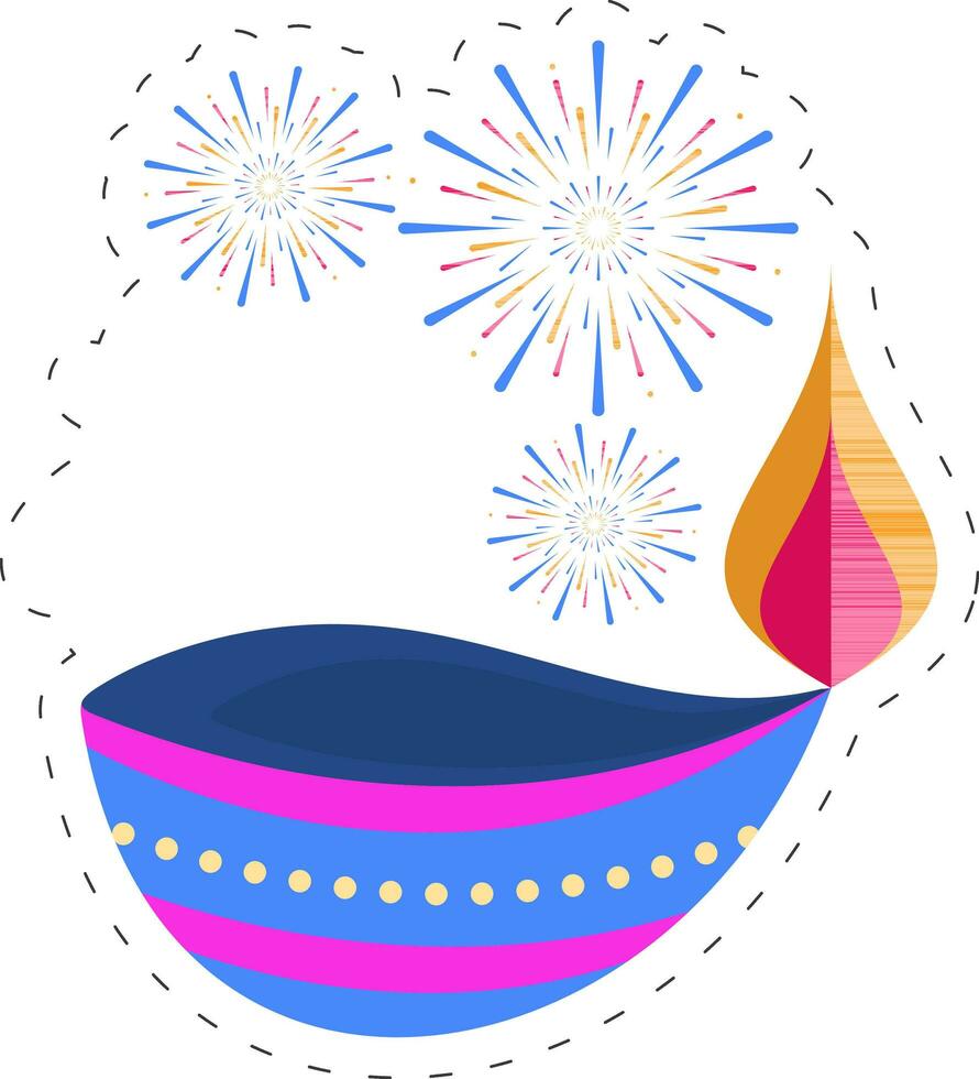 Isolated Burning Diya Oil Lamp Over Fireworks Light Purple Background. vector
