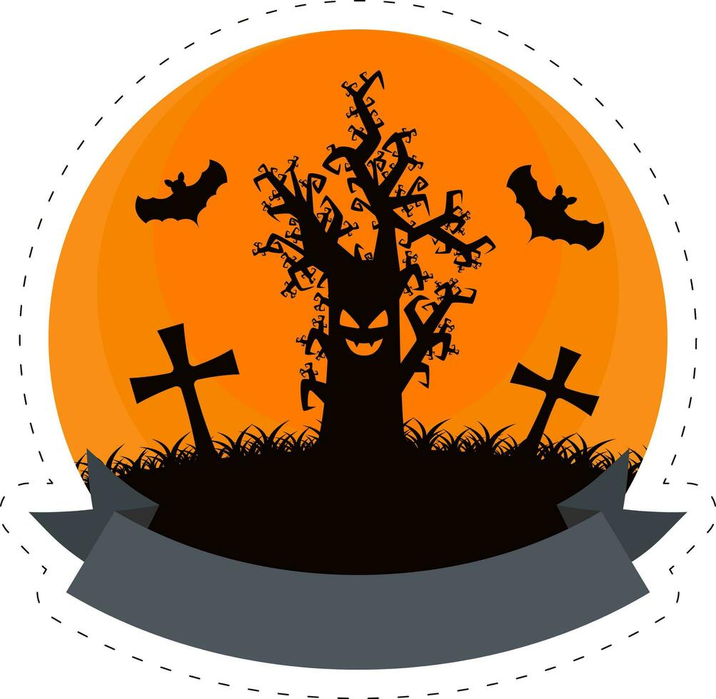 Flat Creepy Monster Tree With Fly Bats And Graveyard Night Orange Circular Background. vector
