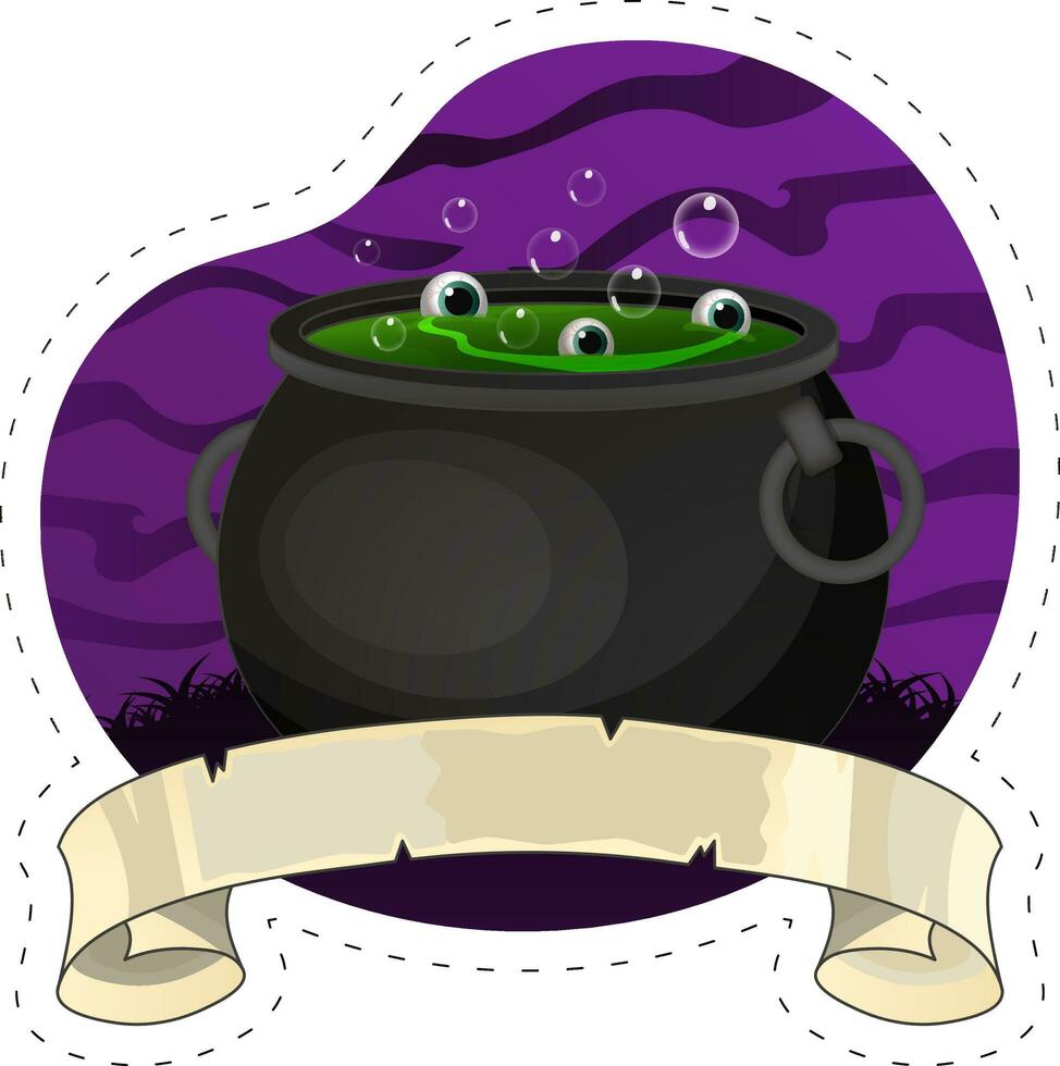 Happy Halloween Concept With Eye Boiling Cauldron Over Purple Wavy Field Background. vector