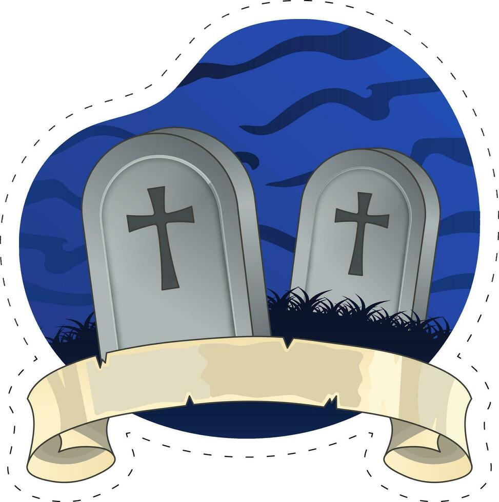 Happy Halloween Concept With Grey Tombstone Over Blue Wavy Graveyard Background. vector