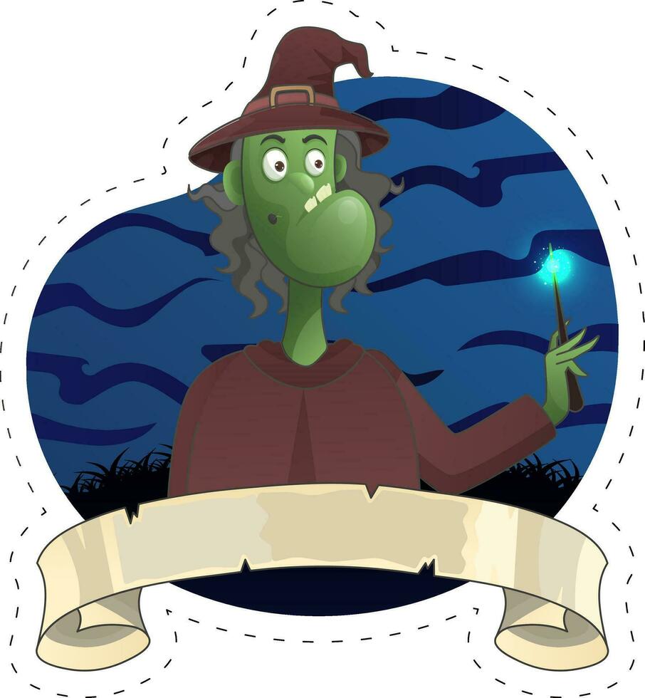 Happy Halloween Concept With Funny Wizard Character Over Blue Wavy Field Background. vector