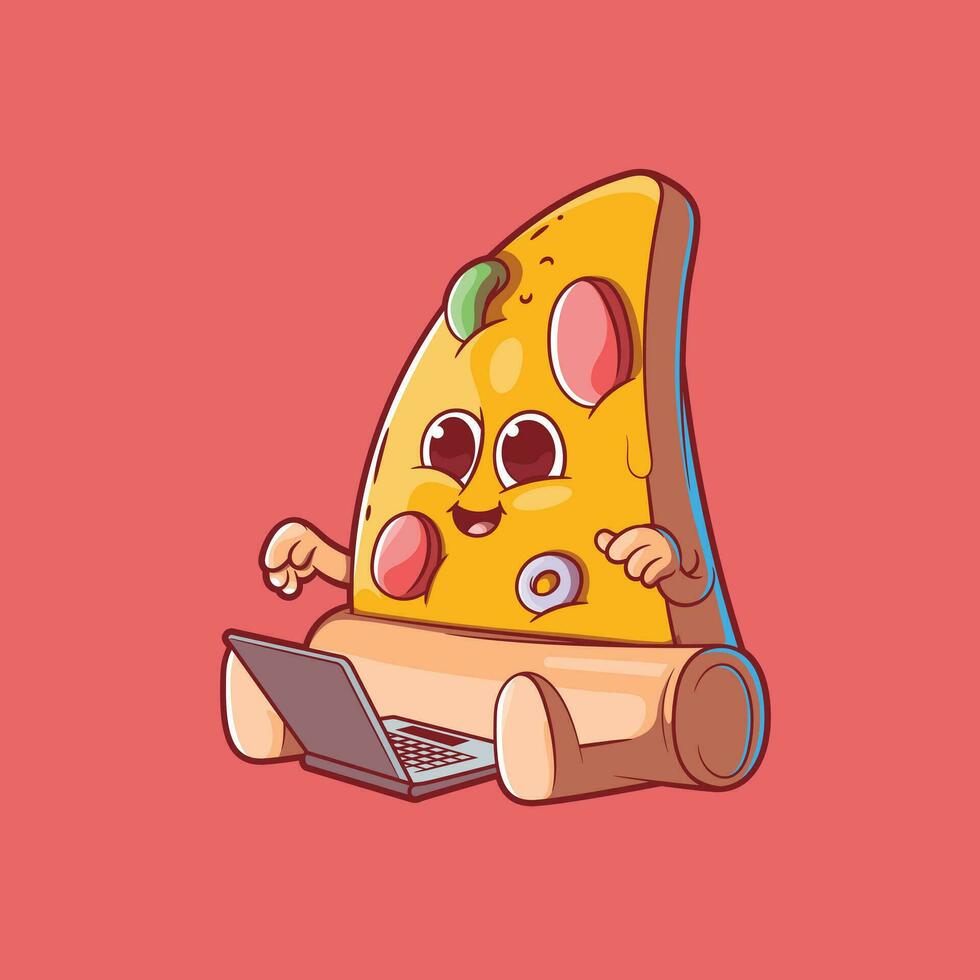 Pizza slice character using a laptop vector illustration. Funny, tech, food design concept.