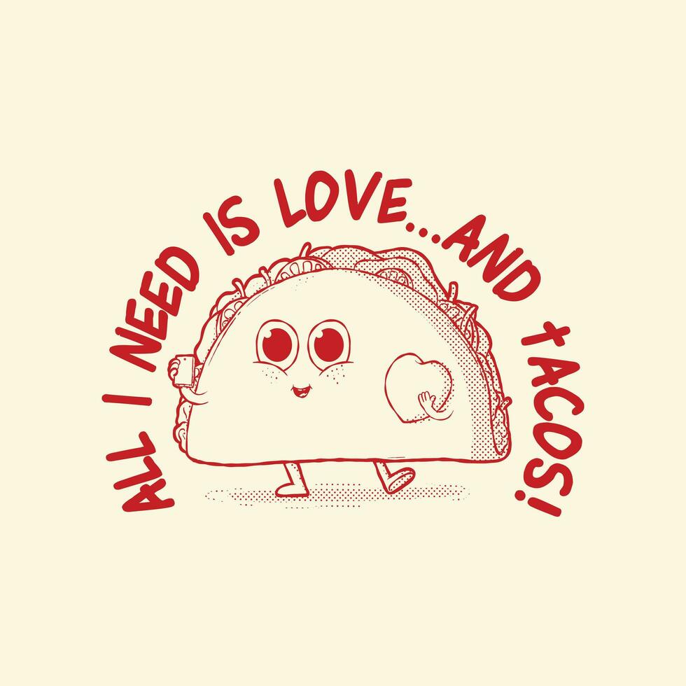 taco personaje participación un pequeño corazón vector ilustración. alimento, mascota, gracioso diseño concepto.