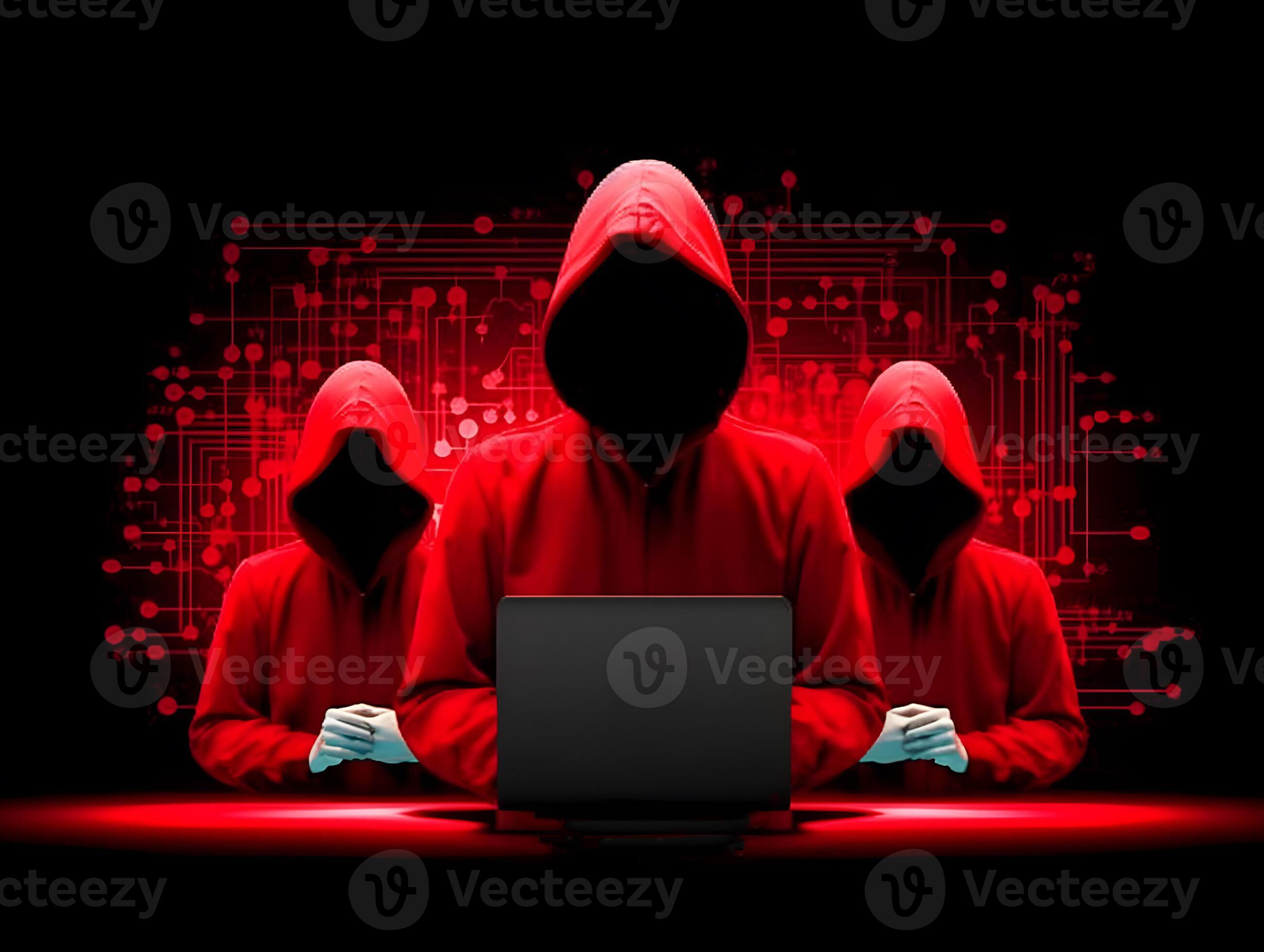 Three hackers without face. Concept of red hat, hacker group