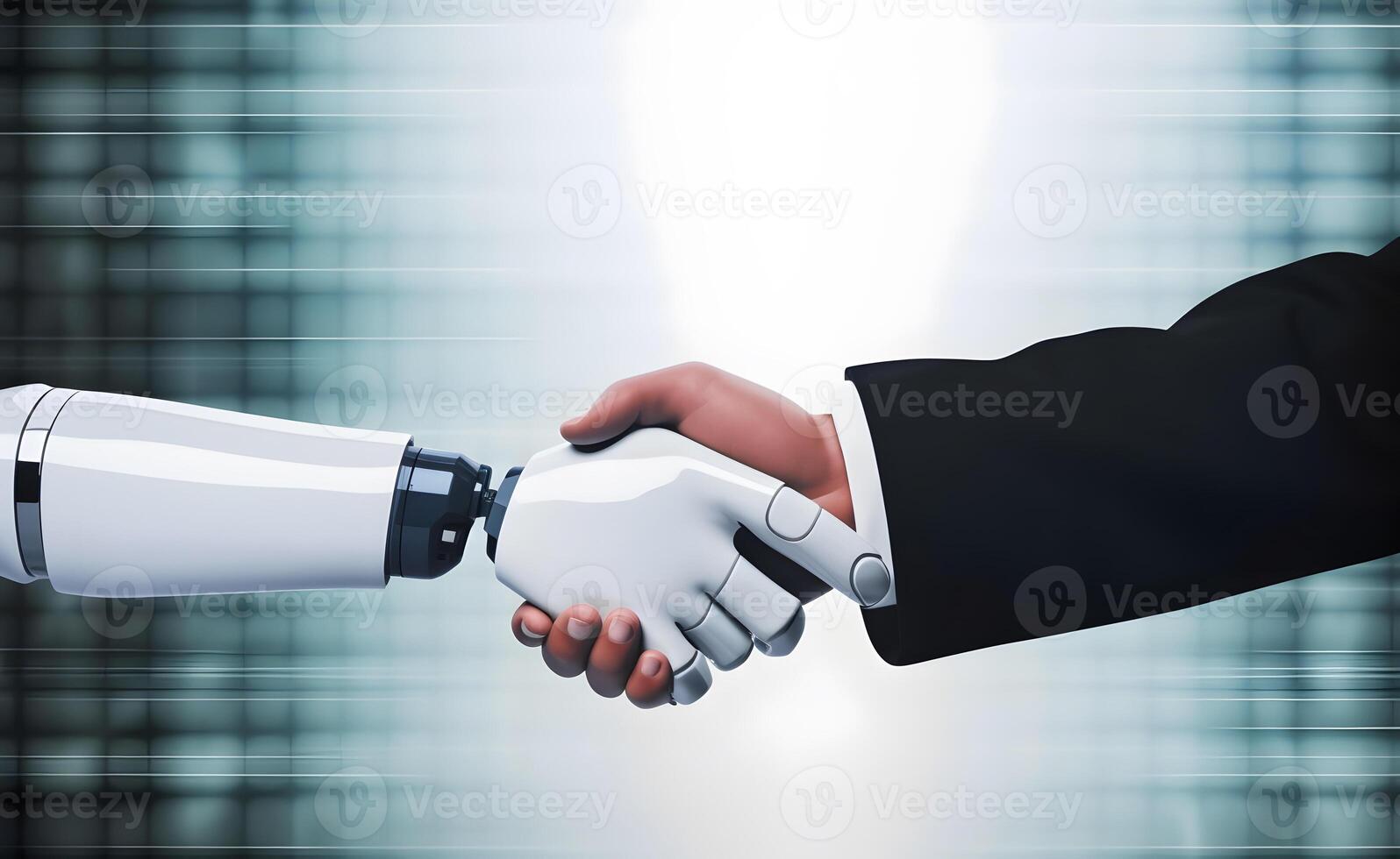 Robot and businessman in handshake. Concept of human robot relationships. image. photo