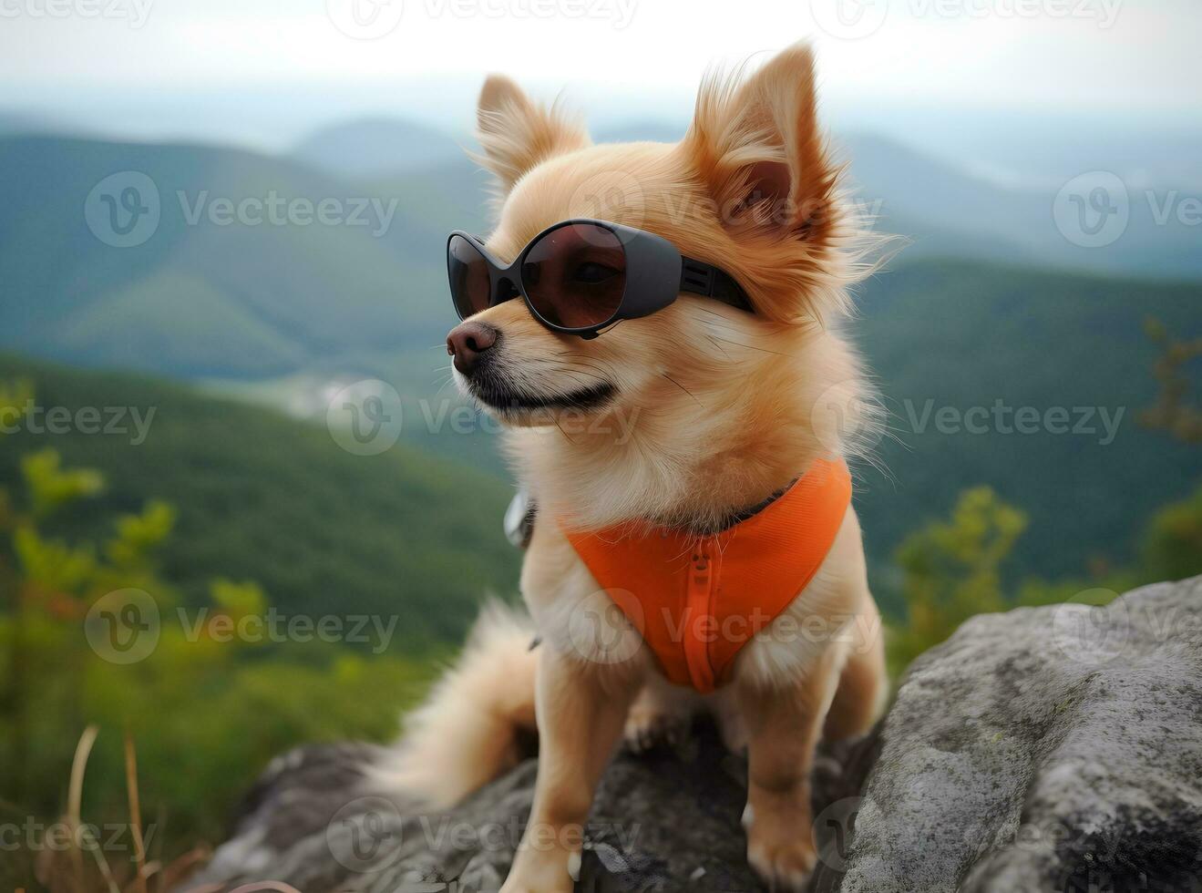 Adorable pet dog with eyeglasses on top of mountain. Adventure trip. photo