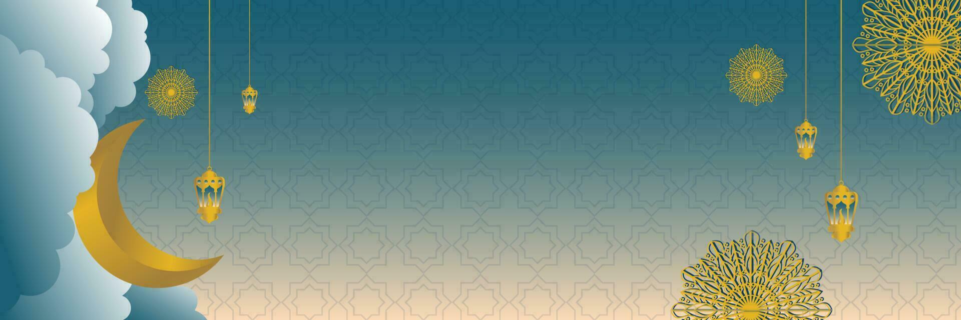Islamic gradient color background, with beautiful mandala, lantern, moon ornament. vector template for banner, greeting card, web, for Islamic holiday.