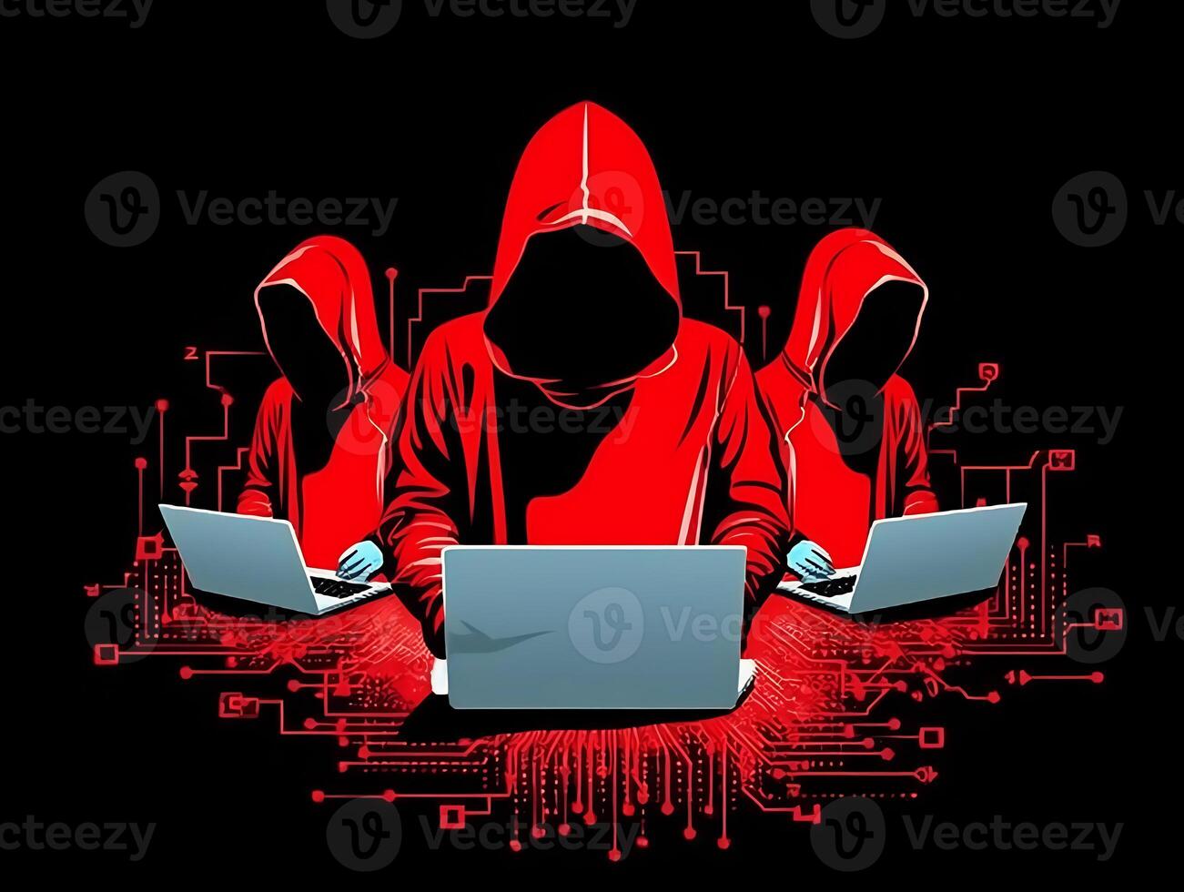 Three hackers without face. Concept of red hat, hacker group