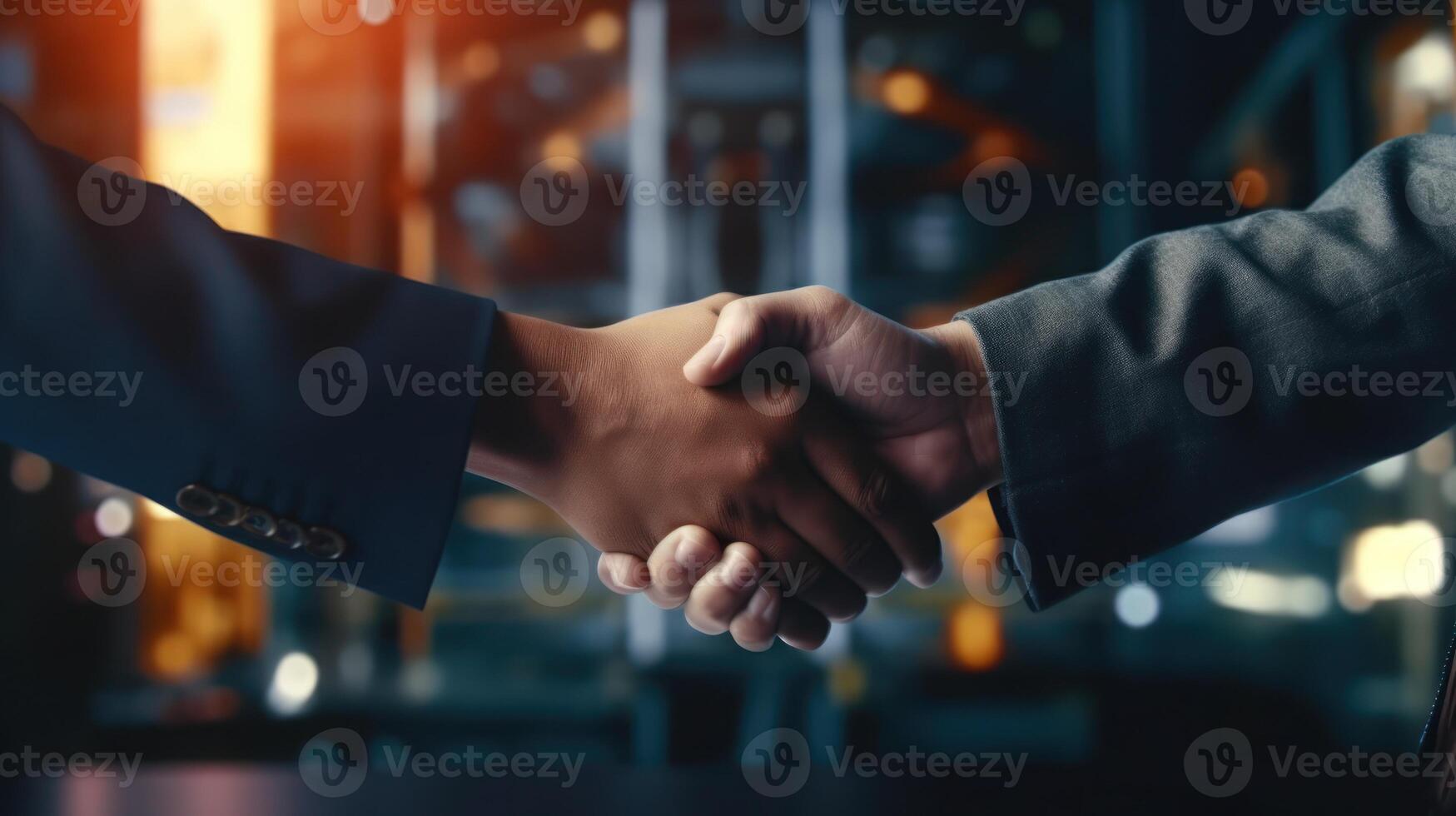 dos empresario apretón de manos para trabajo en equipo con compañero a celebracion camaradería y negocio acuerdo concepto. exitoso empresarios apretón de manos después bueno trato. ai generado foto