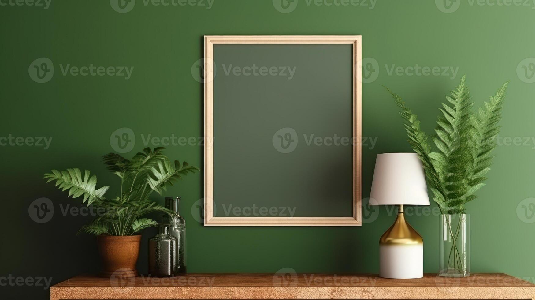 Wooden photo frame mockup green wall mounted on the wooden cabinet, interior decorated with plant leaf, lamp and vase.