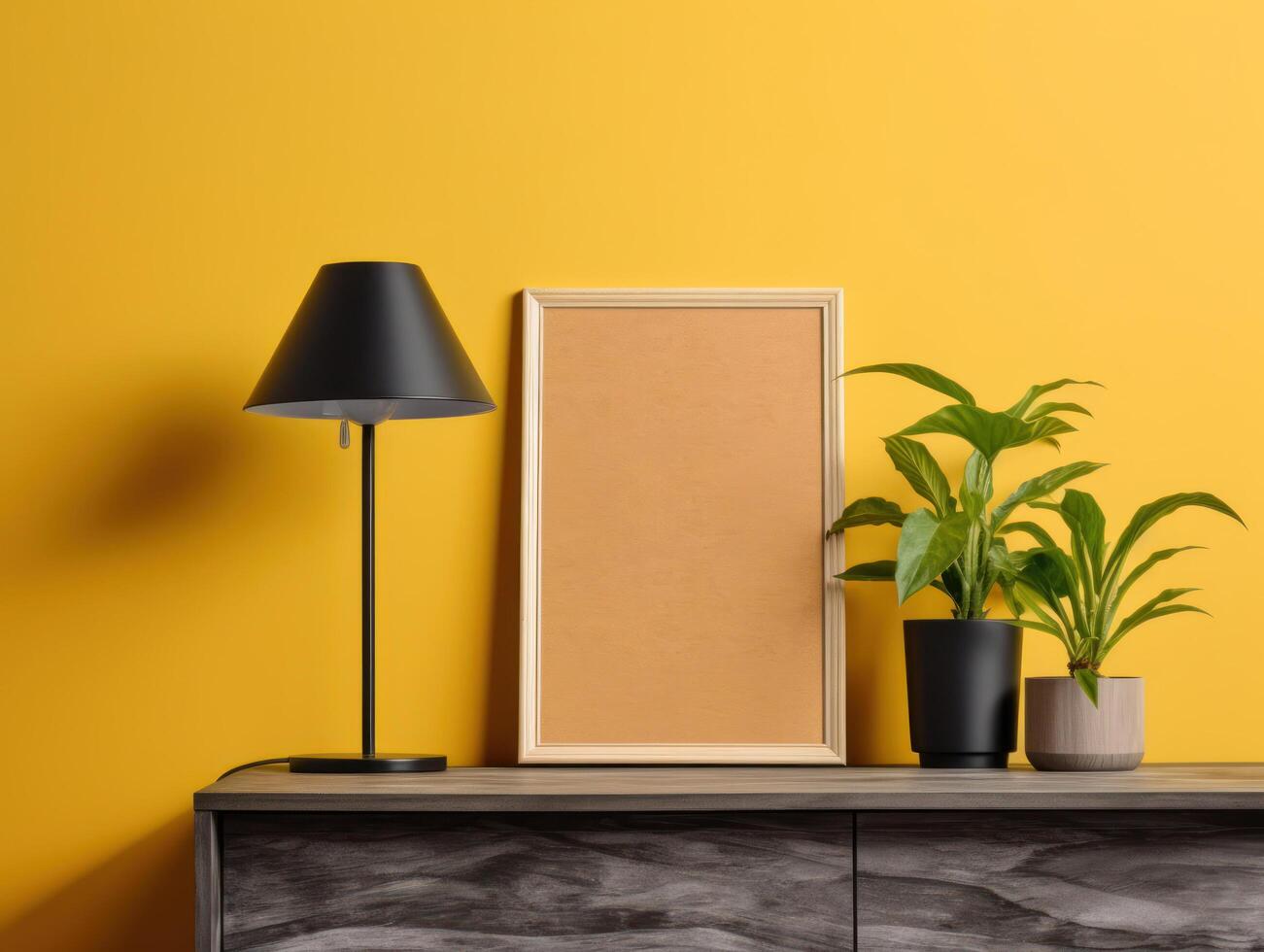 de madera foto marco Bosquejo amarillo pared montado en el de madera gabinete, interior decorado con planta hoja, lámpara y florero. ai generado
