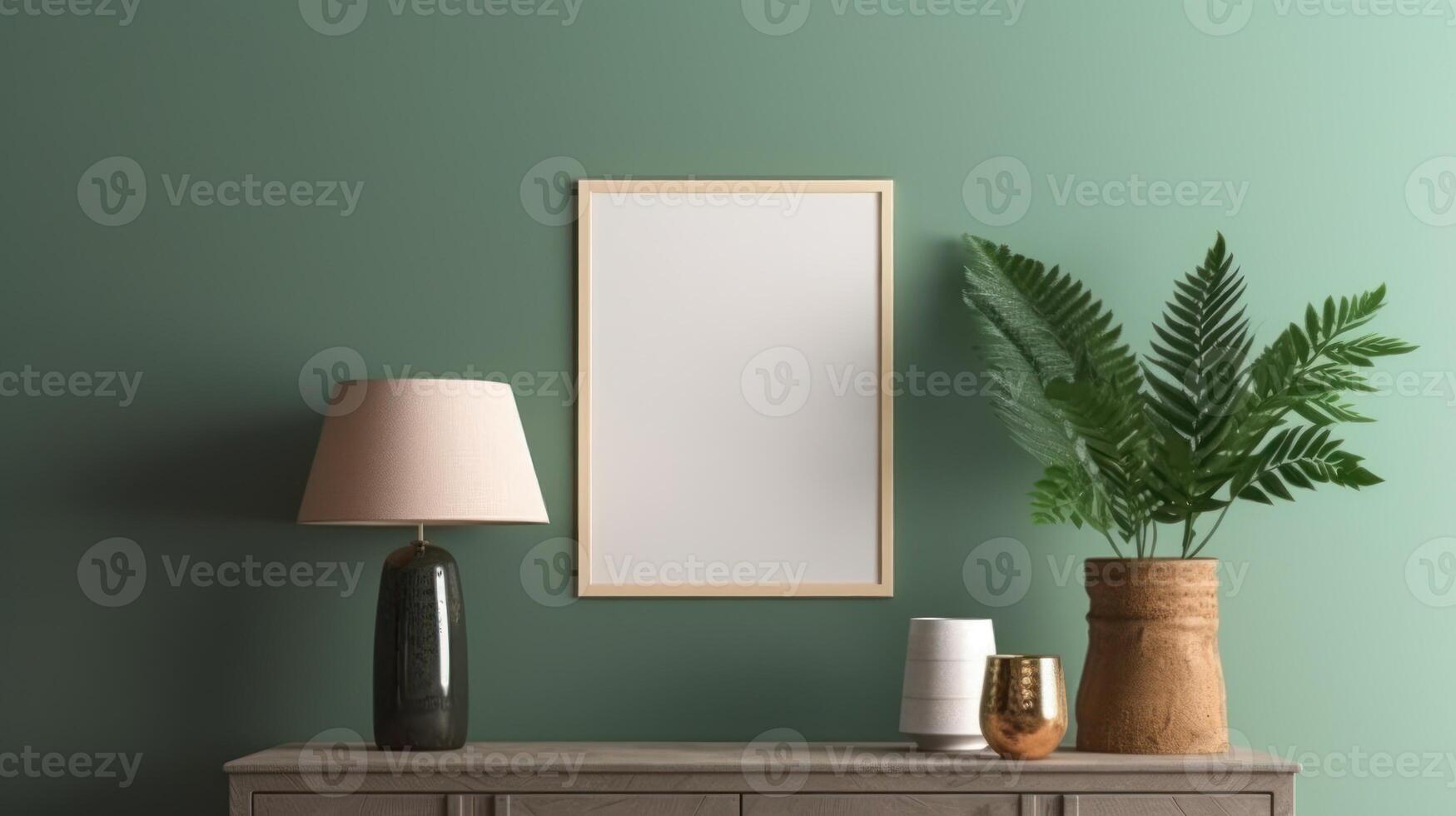 Wooden photo frame mockup green wall mounted on the wooden cabinet, interior decorated with plant leaf, lamp and vase.