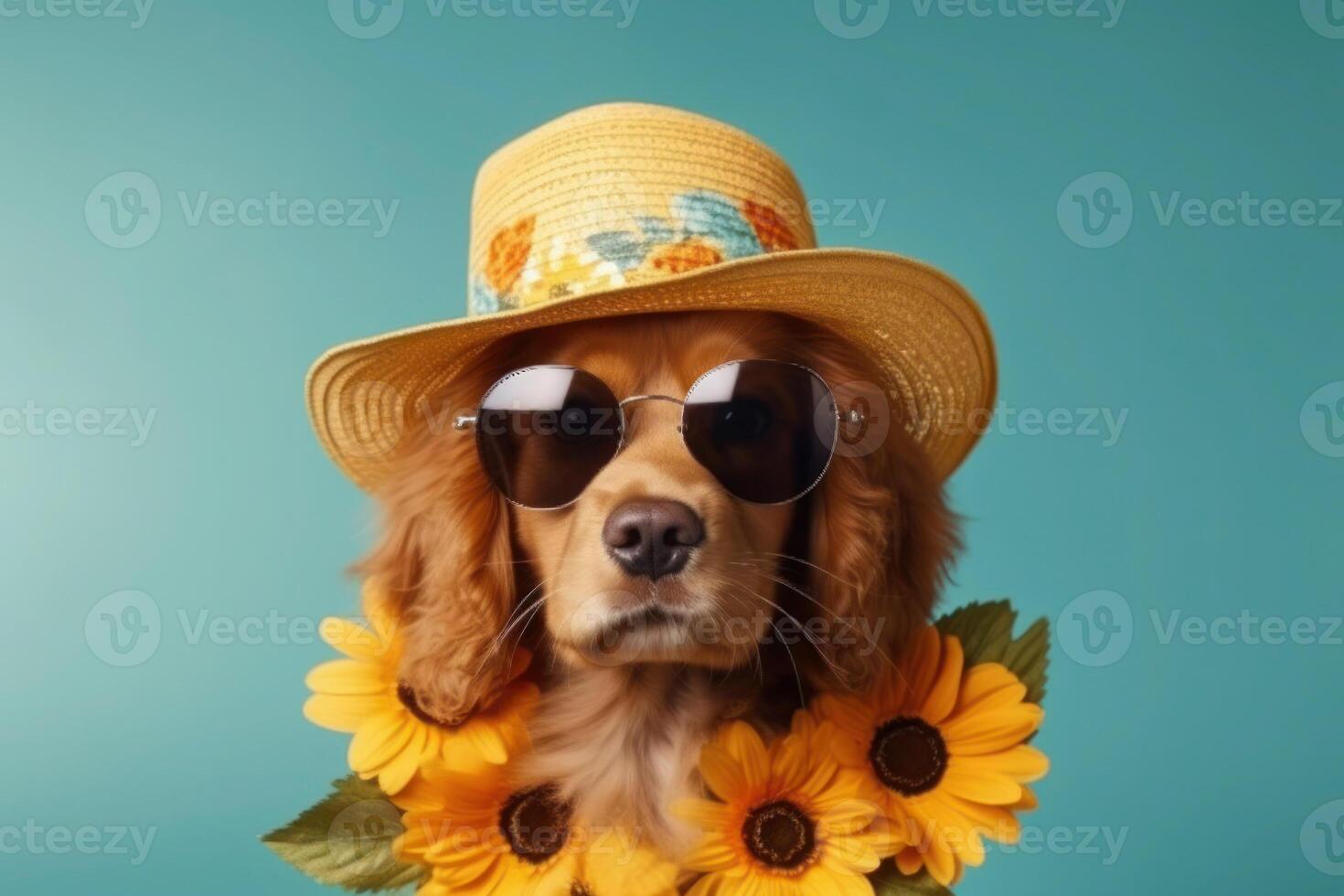 Happy Golden Retriever Dog Portrait with sunflowers looking at camera isolated on blue green gradient studio background. photo