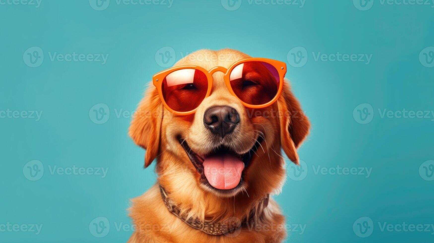 Happy Golden Retriever Dog Portrait looking at camera isolated on blue gradient studio background. photo