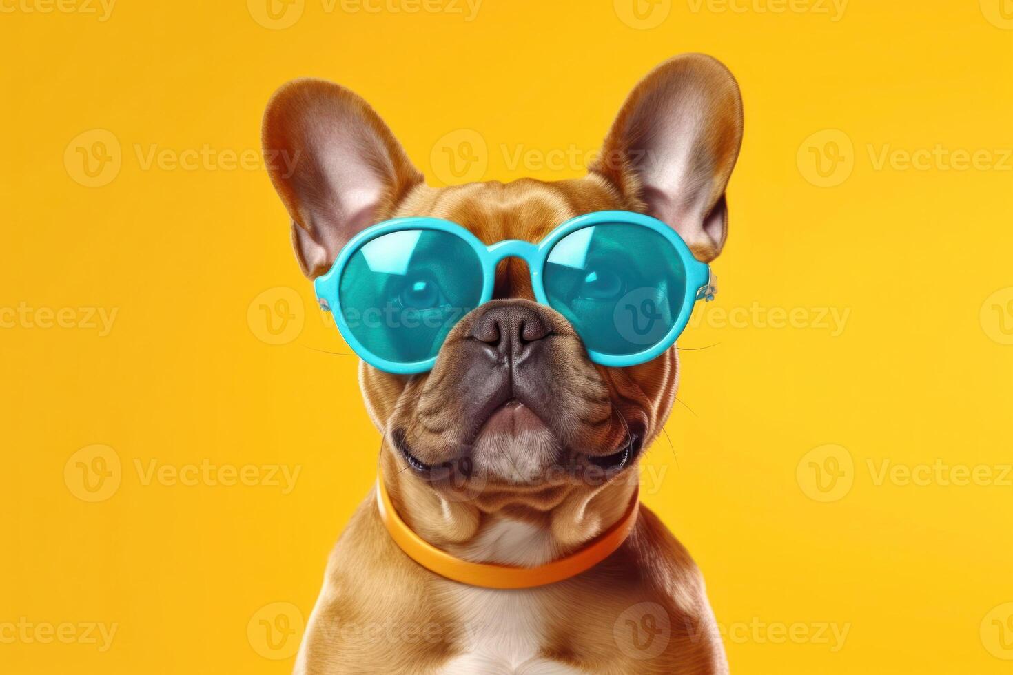 Happy French Bulldog Dog Portrait wearing summer sunglasses and looking at camera isolated on yellow gradient studio background. photo