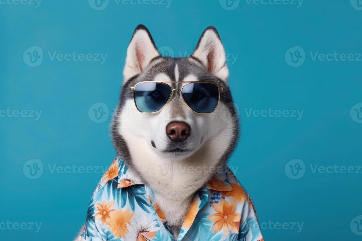 Happy Siberian Husky Dog Portrait wearing sunglasses and summer tropical shirt looking at camera isolated on blue gradient studio background. photo