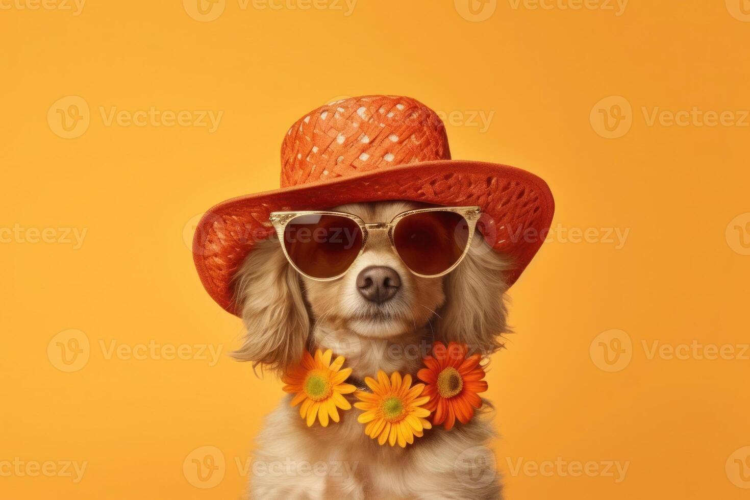 Happy Puppy Dog Portrait wearing summer sunglasses and looking at camera isolated on orange gradient studio background. photo