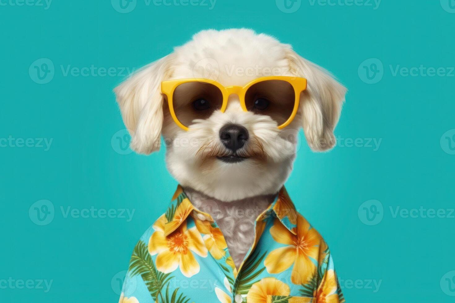 Happy Puppy Dog Portrait wearing summer sunglasses and tropical shirt looking at camera isolated on green gradient studio background. photo