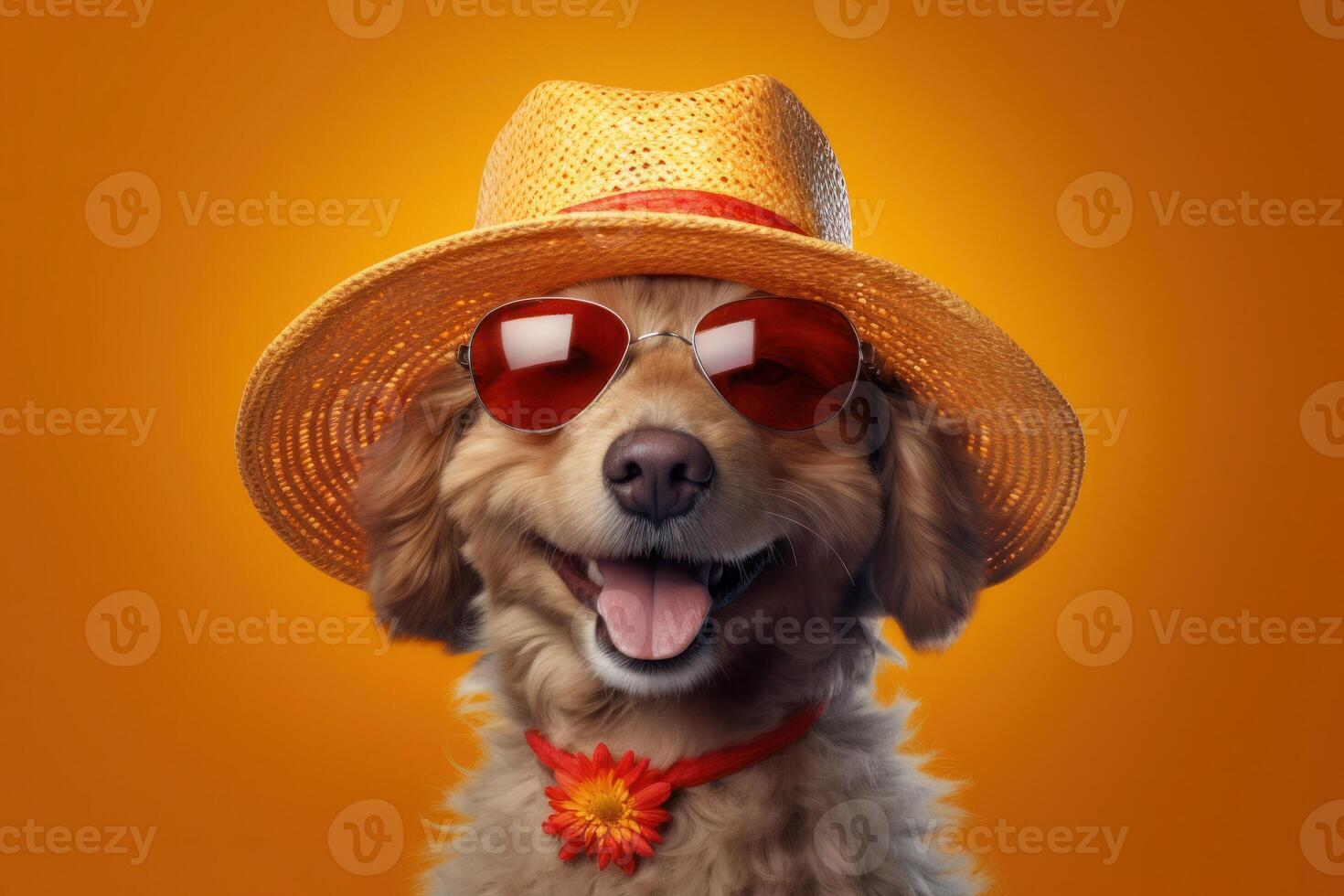 Happy Puppy Dog Portrait wearing summer sunglasses and looking at camera isolated on orange gradient studio background. photo