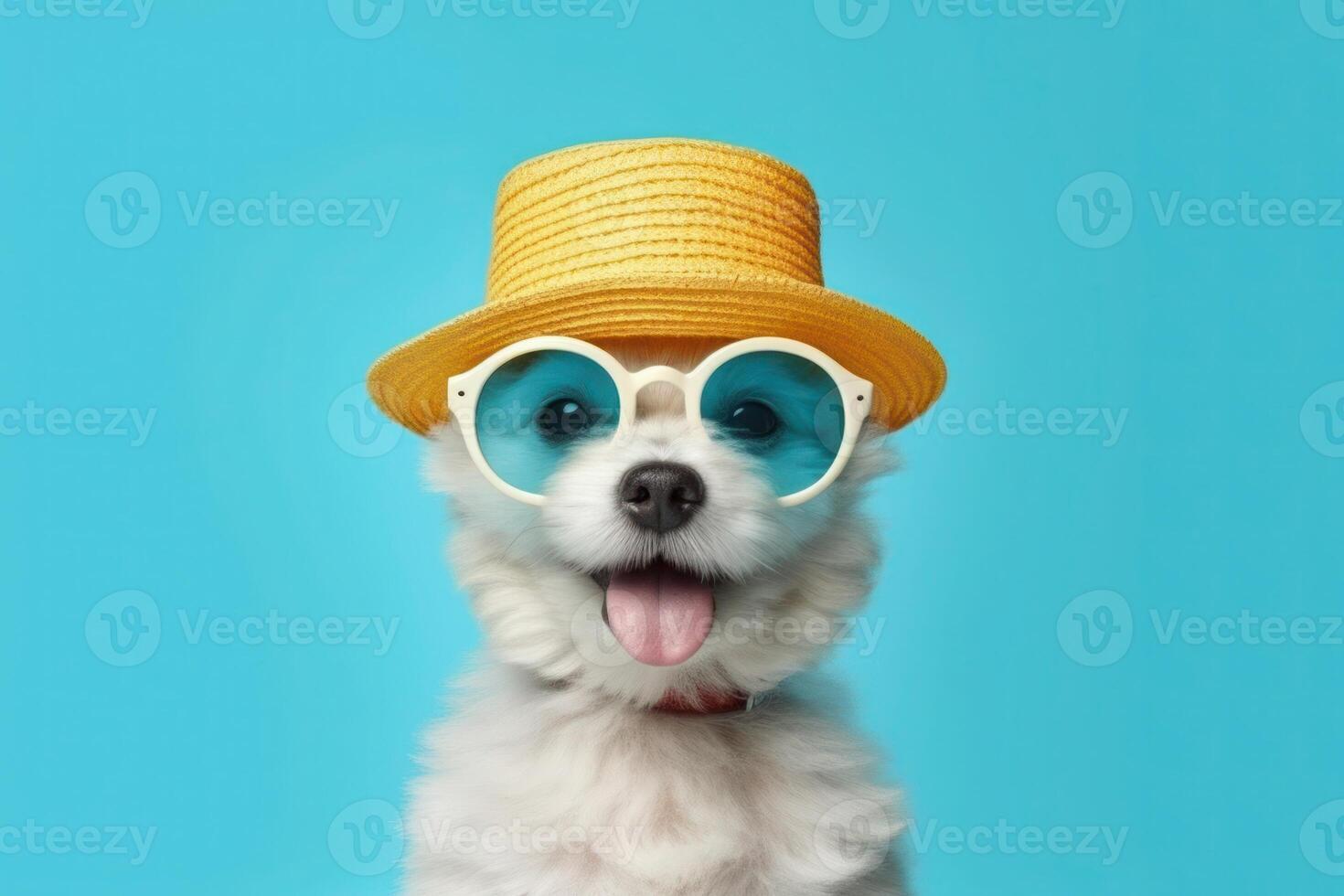contento perrito perro retrato vistiendo verano Gafas de sol y sombrero mirando a cámara aislado en azul degradado estudio antecedentes. ai generado foto